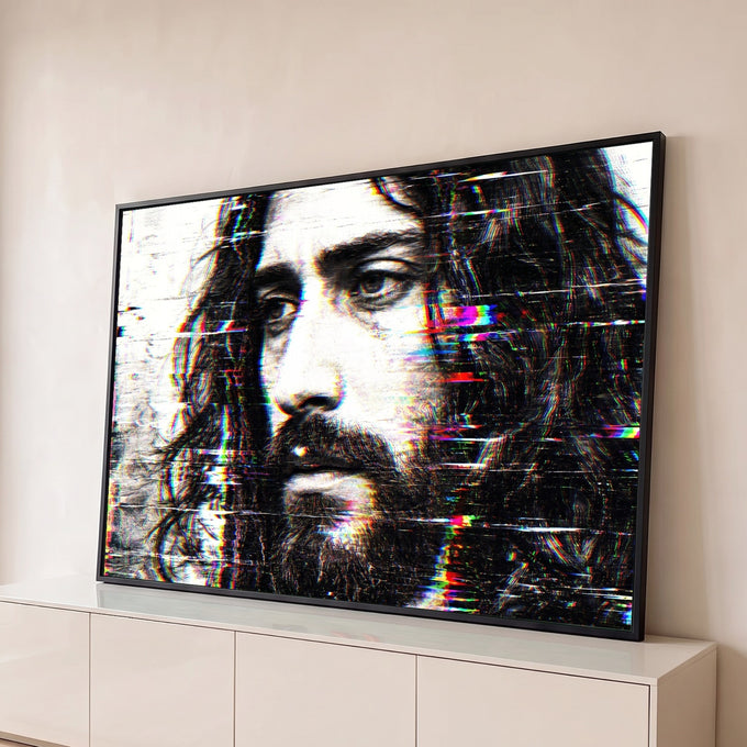 Quadro Decorativo Grande Retrato Masculino para Sala Preto | quadros decorativos para sala | homem barbudo de cabelo longo em preto e branco com efeito glitch colorido | Porao dos Quadros