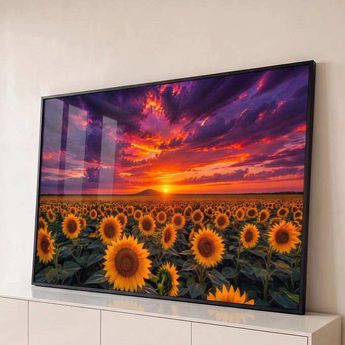 Campo de girassóis amarelos ao pôr do sol sob nuvens roxas e laranja, quadro decorativo