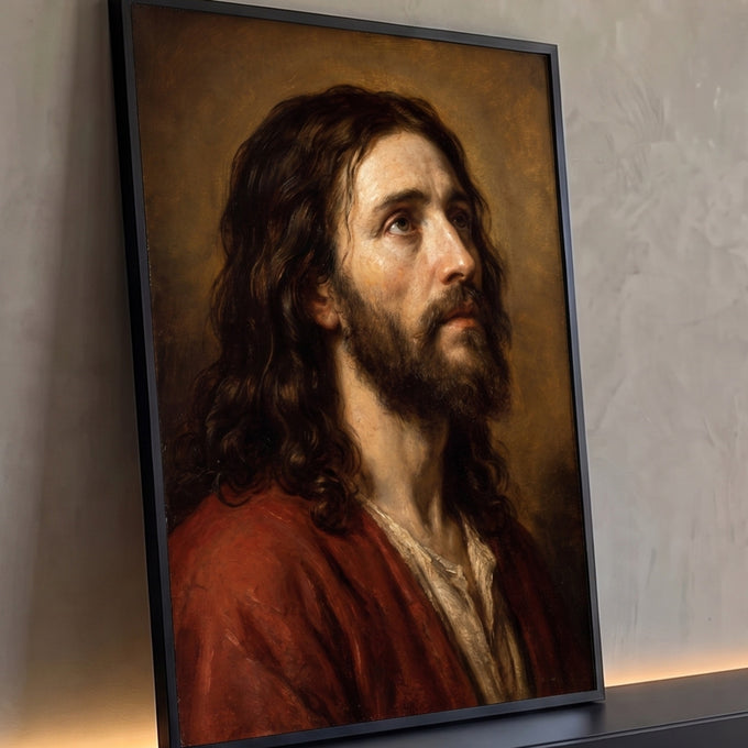 Retrato de Jesus de perfil em óleo, manto vermelho e olhar ao céu sobre fundo marrom, quadro decorativo