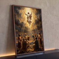Quadro Decorativo Grande Ascensão de Jesus para Sala Dourado - Borda Infinita / 100x65cm