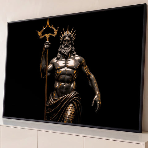 Estátua de Poseidon em bronze escuro com coroa e tridente dourados sobre fundo preto, quadro decorativo