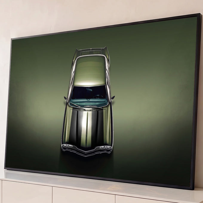 Quadro Decorativo Grande Carro Clássico para Sala Verde | quadros decorativos para sala | carro clássico verde-oliva com listras pretas no capô visto de cima | Porao dos Quadros