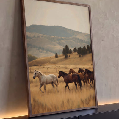 Quadro Decorativo Grande Manada de Cavalos para Sala Bege