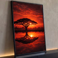 Quadro Decorativo Grande Árvore Acácia para Sala Vermelho | quadros decorativos para sala | acácia em silhueta refletida na água sob céu vermelho de pôr do sol africano | Porao dos Quadros