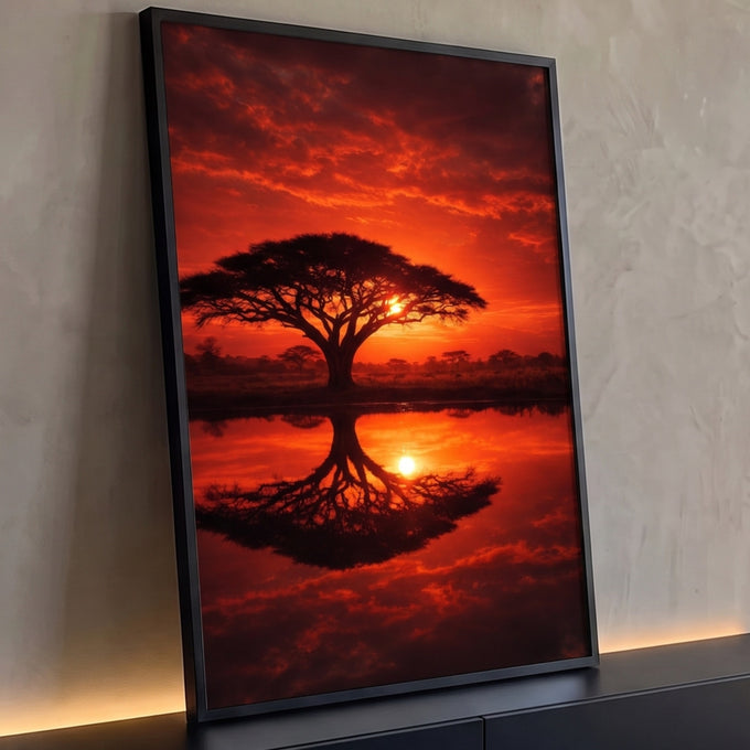 Quadro Decorativo Grande Árvore Acácia para Sala Vermelho | quadros decorativos para sala | acácia em silhueta refletida na água sob céu vermelho de pôr do sol africano | Porao dos Quadros