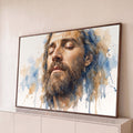 Quadro Decorativo Grande Rosto de Jesus para Sala Azul | quadros decorativos para sala | rosto masculino de olhos fechados com barba longa em aquarela azul e bege | Porao dos Quadros