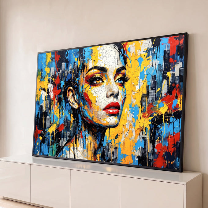 Rosto de mulher craquelado com lábios vermelhos, respingos amarelos e prédios ao fundo, quadro decorativo