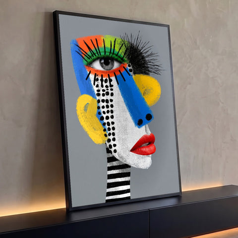 Quadro Decorativo Grande Rosto Pop Art para Sala Azul | quadros decorativos para sala | rosto de perfil em pop art com olho realista e cores vibrantes em blocos | Porao dos Quadros