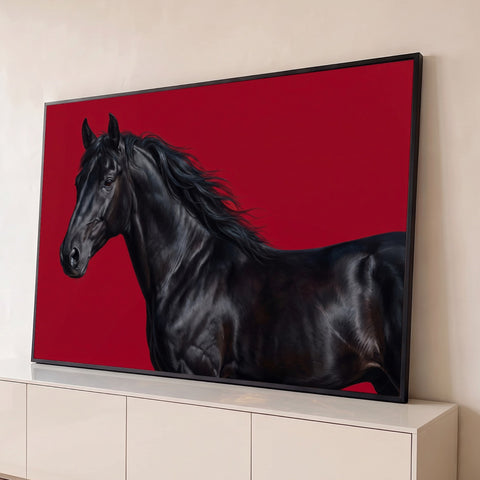 Cavalo preto de crina esvoaçante e pelagem brilhante em perfil sobre fundo vermelho, quadro decorativo
