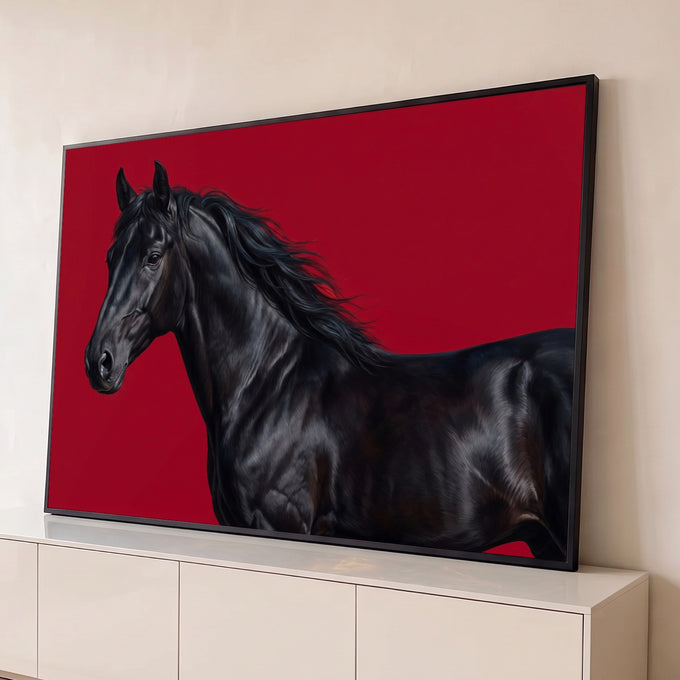 Cavalo preto de crina esvoaçante e pelagem brilhante em perfil sobre fundo vermelho, quadro decorativo