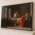 Quadro Decorativo A Última Ceia em Tons Terrosos e Vermelho | quadros decorativos para sala | cena da Última Ceia com treze figuras masculinas à mesa em tons terrosos | Porao dos Quadros
