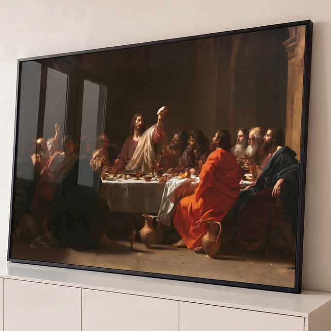Quadro Decorativo A Última Ceia em Tons Terrosos e Vermelho | quadros decorativos para sala | cena da Última Ceia com treze figuras masculinas à mesa em tons terrosos | Porao dos Quadros