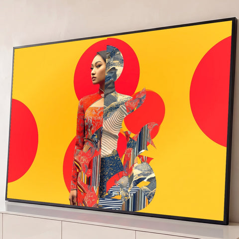 Mulher oriental em colagem pop art com círculos vermelhos sobre fundo amarelo, quadro decorativo