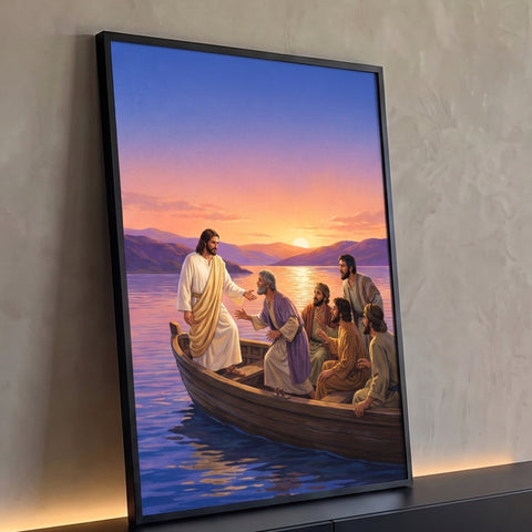 Jesus em pé no barco estendendo a mão aos discípulos ao pôr do sol sobre o mar, quadro decorativo