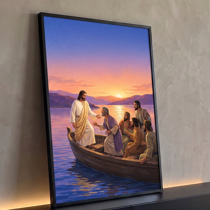 Quadro Decorativo Grande Jesus Caminhando para Sala Laranja | quadros decorativos para sala | Jesus em pé num barco com discípulos ao pôr do sol sobre um lago | Porao dos Quadros