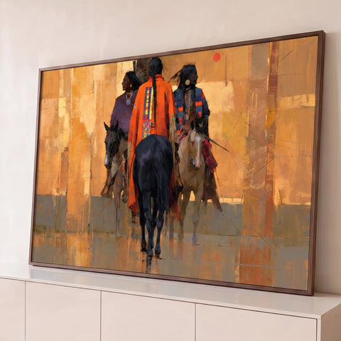 Três índios a cavalo de costas, um com manto laranja, em fundo abstrato dourado, quadro decorativo