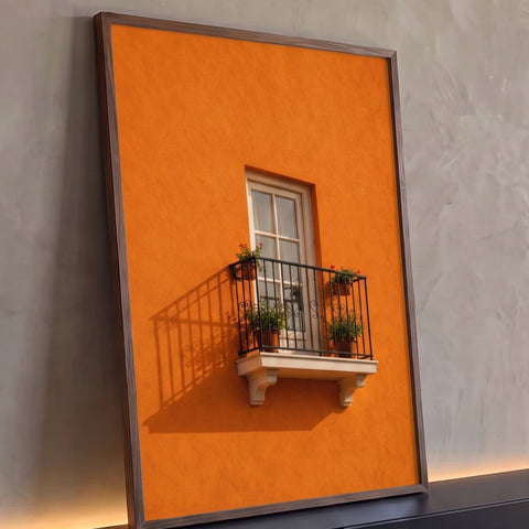 Sacada de ferro forjado com vasos de gerânios e janela branca em parede laranja ensolarada, quadro decorativo