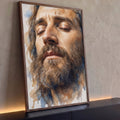 Quadro Decorativo Grande Retrato Aquarela de Homem para Sala | quadros decorativos para sala | retrato em aquarela de homem barbudo com olhos fechados em tons terrosos e azuis | Porao dos Quadros