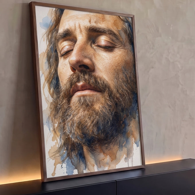 Quadro Decorativo Grande Retrato Aquarela de Homem para Sala | quadros decorativos para sala | retrato em aquarela de homem barbudo com olhos fechados em tons terrosos e azuis | Porao dos Quadros
