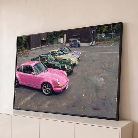 Porsches 911 clássicos rosa, verde e lilás estacionados em pintura a óleo, quadro decorativo