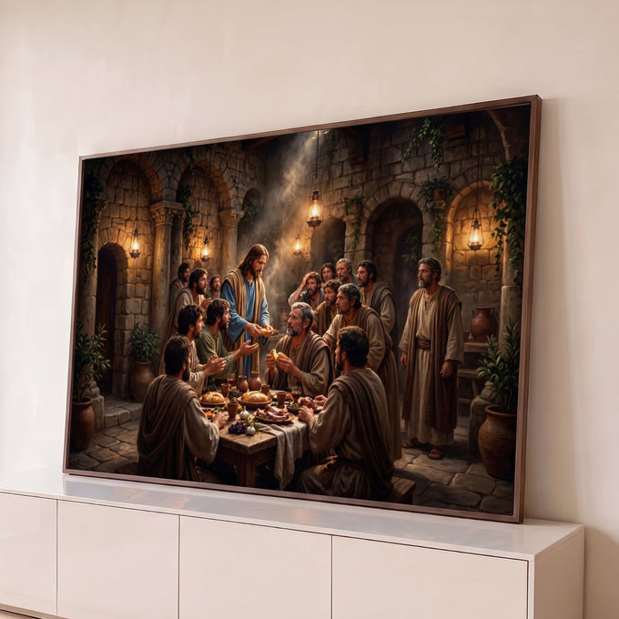 Jesus partindo o pão com os apóstolos em pátio de pedra com arcos e lampiões acesos, quadro decorativo