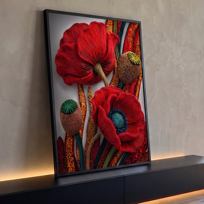 Duas papoulas vermelhas em relevo com cápsulas de sementes e caules ornamentais, quadro decorativo