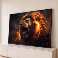 Quadro Decorativo Grande Leão em Chamas para Sala Preto - Borda Infinita / 65x100cm