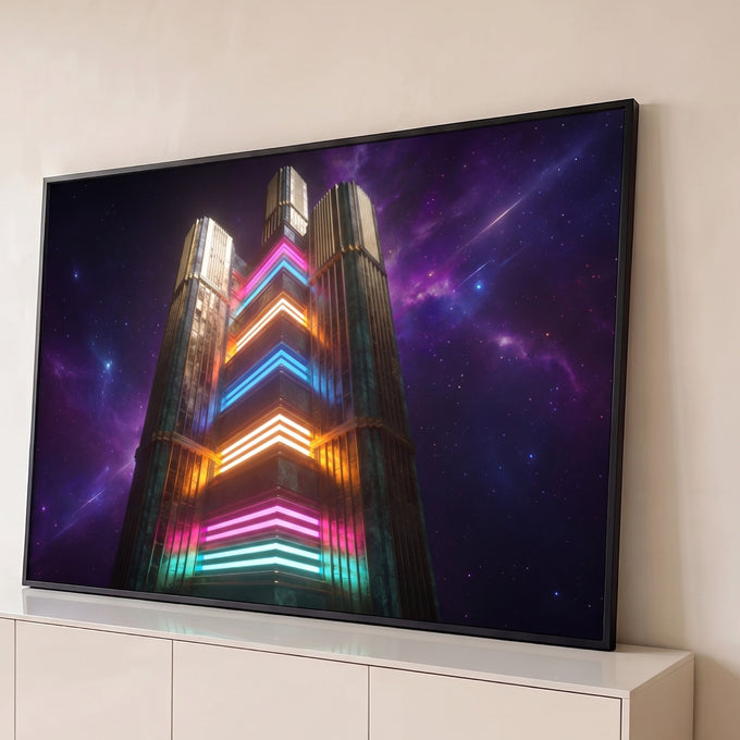 Arranha-céu art déco com faixas de neon rosa, azul e laranja sob galáxia roxa estrelada, quadro decorativo
