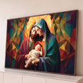 Quadro Decorativo Grande Sagrada Família Dourado para Sala | quadros decorativos para sala | homem e mulher com véu abraçam bebê adormecido com auréola em mosaico geométrico colorido | Porao dos Quadros