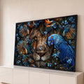 Rosto de leão entre flores azuis, peixes betta e arara-azul em arte digital, quadro decorativo