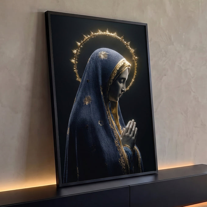 Quadro Decorativo Grande Nossa Senhora em Véu para Sala Azul | quadros decorativos para sala | Nossa Senhora em perfil com véu azul bordado e halo dourado radiante | Porao dos Quadros