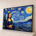 Mona Lisa pintada no estilo Van Gogh diante do céu da Noite Estrelada com lua e cipreste, quadro decorativo