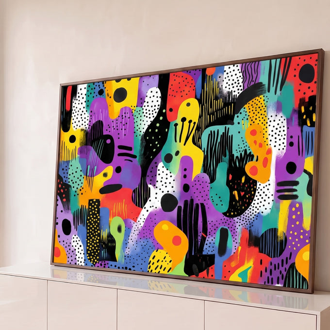 Quadro Decorativo Grande Abstrato Colorido Roxo para Sala | quadros decorativos para sala | composição abstrata colorida com formas orgânicas, bolinhas e listras sobre fundo preto | Porao dos Quadros