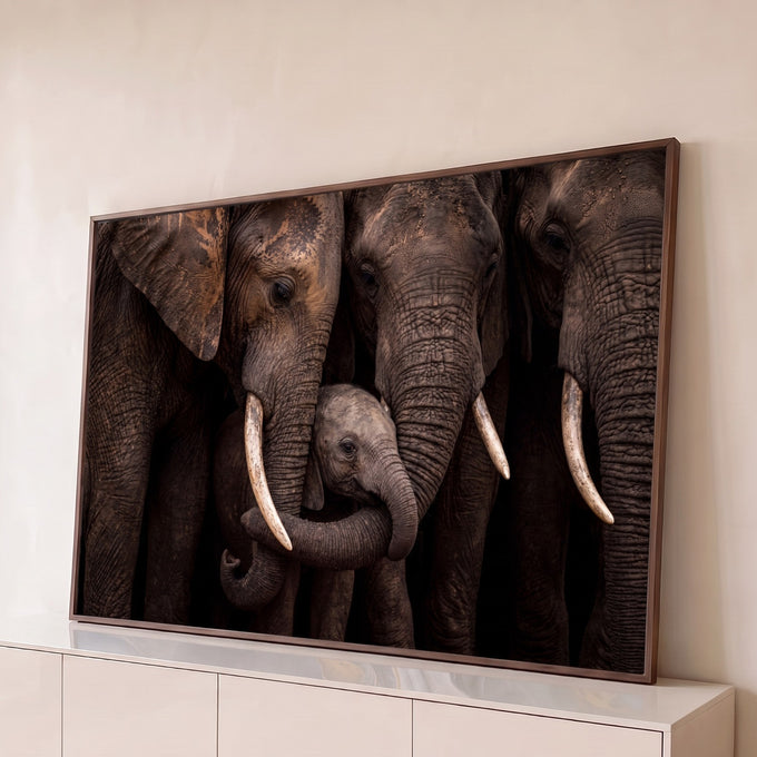 Fotografia de elefantes adultos envolvendo o filhote com as trombas em tons marrons, quadro decorativo