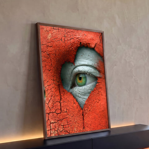 Close de olho verde espiando por abertura em tinta vermelha rachada sobre pele cinza, quadro decorativo