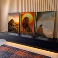 Quadro Decorativo Kit 3 Telas Leões e Babuíno para Sala | quadros decorativos para sala | leões e babuíno na savana africana ao pôr do sol em três cenas | Porao dos Quadros