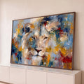 Quadro Decorativo Grande Leão Expressionista para Sala Azul | quadros decorativos para sala | rosto de leão em pinceladas expressionistas coloridas sobre fundo abstrato azul e dourado | Porao dos Quadros