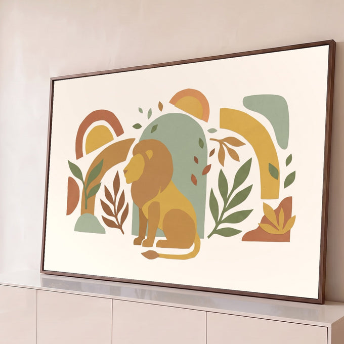Quadro Decorativo Grande Leão Sentado para Sala Amarelo | quadros decorativos para sala | leão sentado de perfil em recorte de papel com arcos, sóis e folhas coloridas | Porao dos Quadros