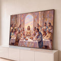 Pintura a óleo da Santa Ceia, Jesus partindo o pão com apóstolos sob janela em arco, quadro decorativo
