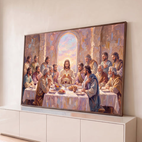 Pintura a óleo da Santa Ceia, Jesus partindo o pão com apóstolos sob janela em arco, quadro decorativo