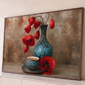 Quadro Decorativo Grande Papoulas Vaso Azul para Sala | quadros decorativos para sala | papoulas vermelhas em vaso azul craquelado ao lado de xícara de café | Porao dos Quadros