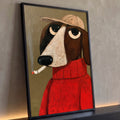 Quadro Decorativo Cachorro de Boné e Casaco Vermelho Fumando | quadros decorativos para sala | cachorro ilustrado com boné bege e casaco vermelho fumando um cigarro | Porao dos Quadros