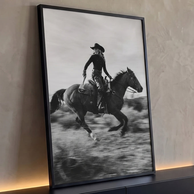Cowgirl de chapéu galopando cavalo escuro no campo, foto preto e branco com movimento, quadro decorativo