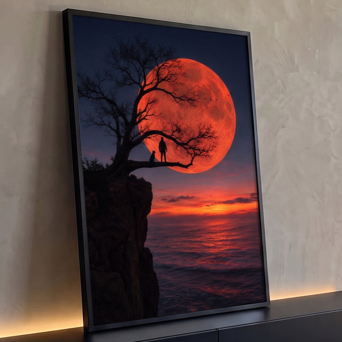 Lua vermelha gigante atrás de árvore na falésia com homem e cão, pôr do sol sobre o mar, quadro decorativo