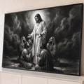Jesus Cristo iluminado abençoando discípulos ajoelhados em oração, desenho a carvão, quadro decorativo