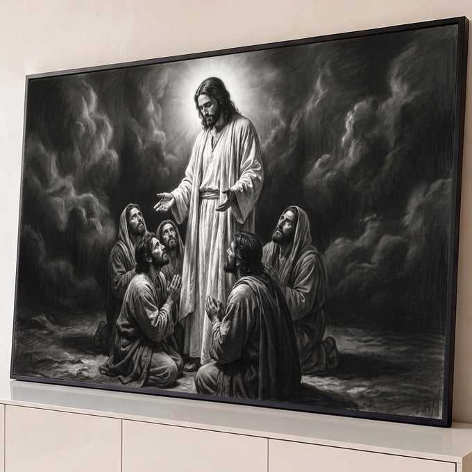 Jesus Cristo iluminado abençoando discípulos ajoelhados em oração, desenho a carvão, quadro decorativo