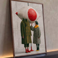 Olho gigante vermelho sobre figura sem cabeça de sobretudo e mulher em pied-de-poule, quadro decorativo