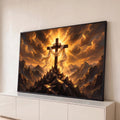 Quadro Decorativo Grande Cruz Dourado para Sala | quadros decorativos para sala | cruz de madeira com coroa de espinhos e véu branco sob céu dourado dramático | Porao dos Quadros