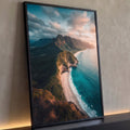 Quadro Decorativo Grande Falésia e Praia para Sala Azul | quadros decorativos para sala | vista aérea de falésia verde, praia clara e mar turquesa ao entardecer | Porao dos Quadros