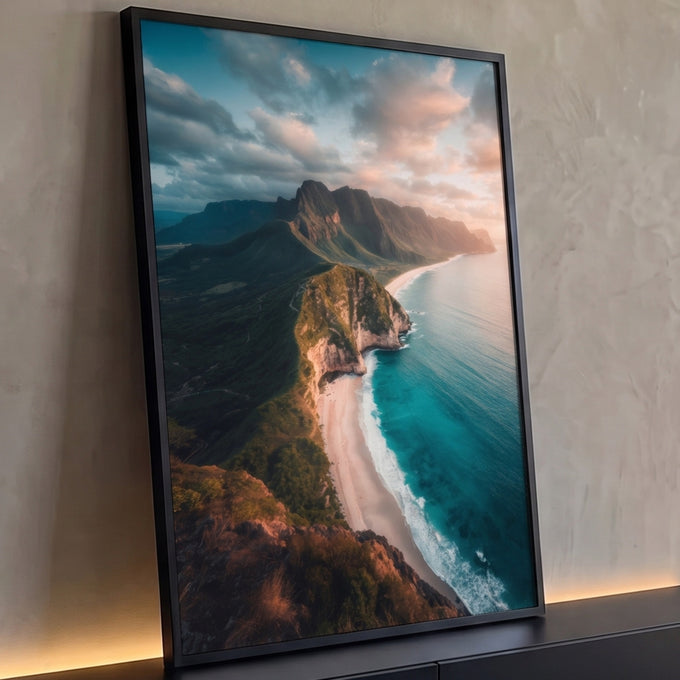 Quadro Decorativo Grande Falésia e Praia para Sala Azul | quadros decorativos para sala | vista aérea de falésia verde, praia clara e mar turquesa ao entardecer | Porao dos Quadros